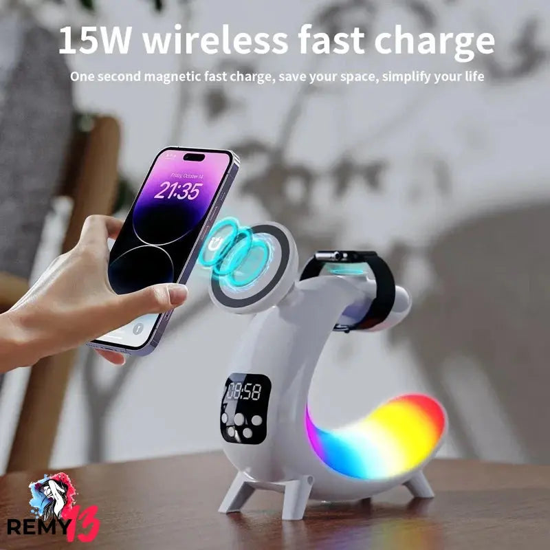 15W Magnetic Wireless Charger Alarm Clock RGB Night Light Speaker Charging Station for Iphone 15 14 13 12 11 Airpods Apple Watch Remy13