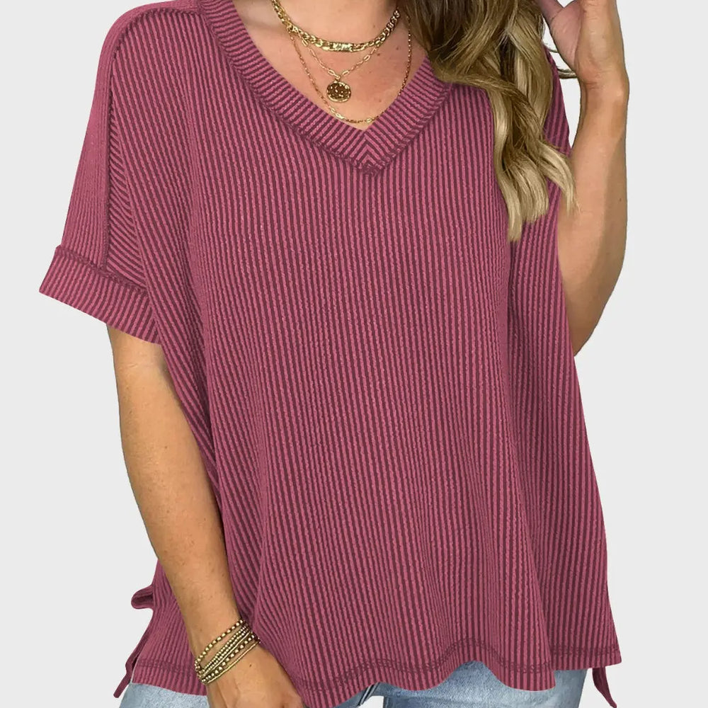 Lovelet Texture V-Neck Half Sleeve T-Shirt Trendsi