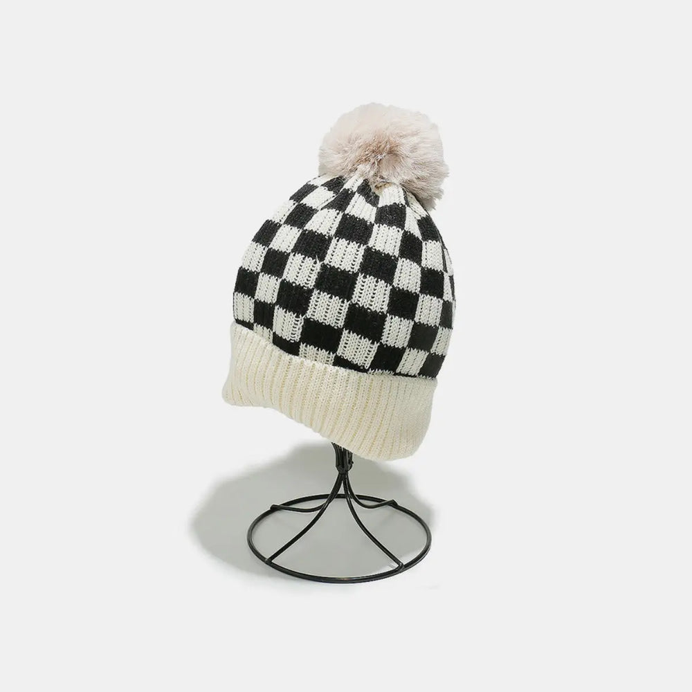 Checkered Knit Hat with Pompom Trendsi