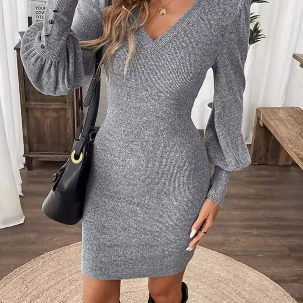 V-Neck Lantern Sleeve Dress Trendsi