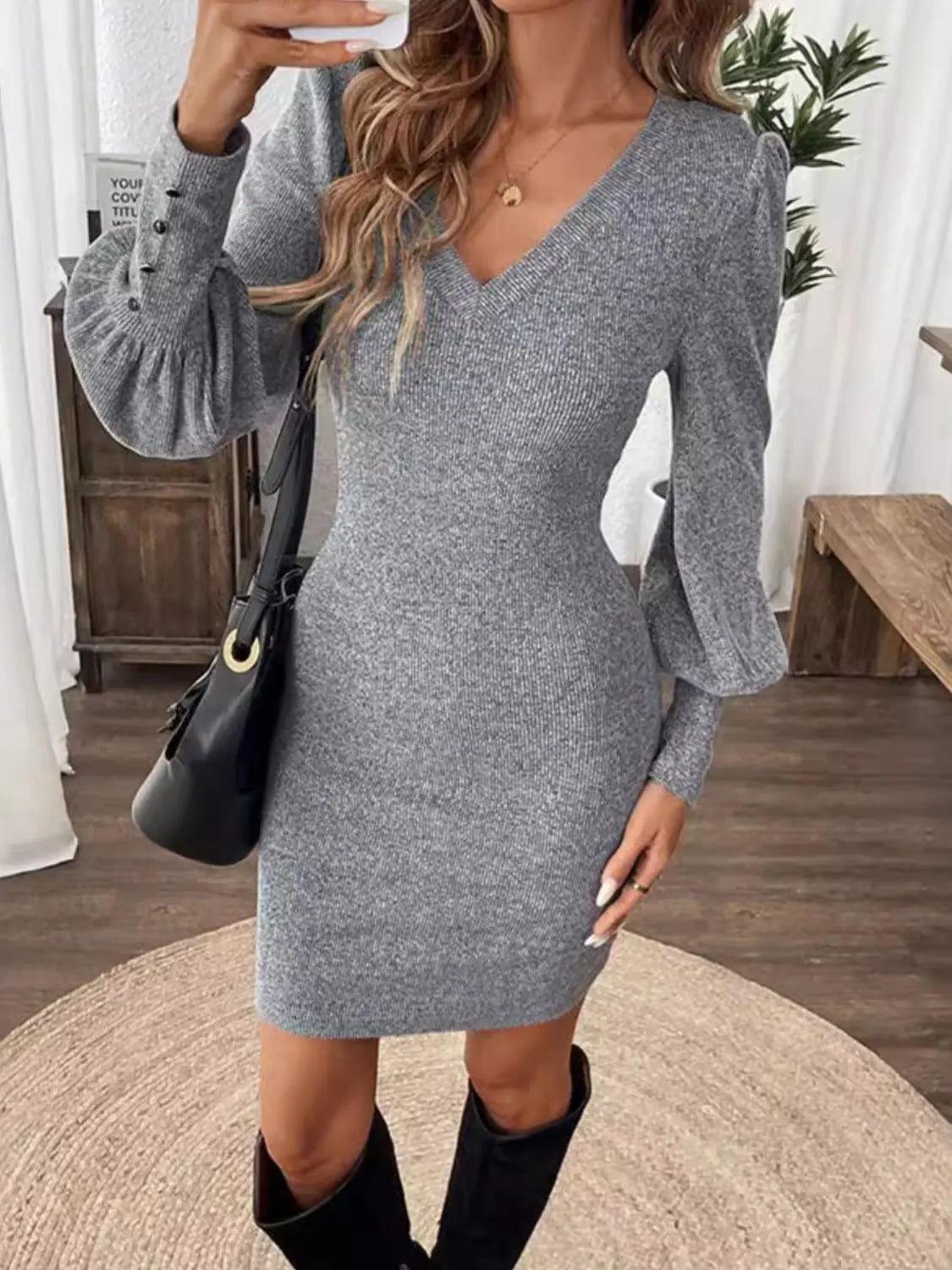 V-Neck Lantern Sleeve Dress Trendsi