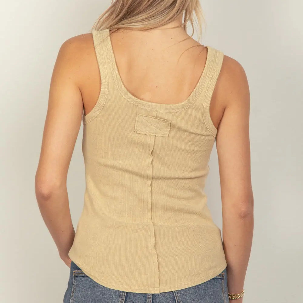 VERY J Washed Ribbed Tank with Placket Detail Trendsi