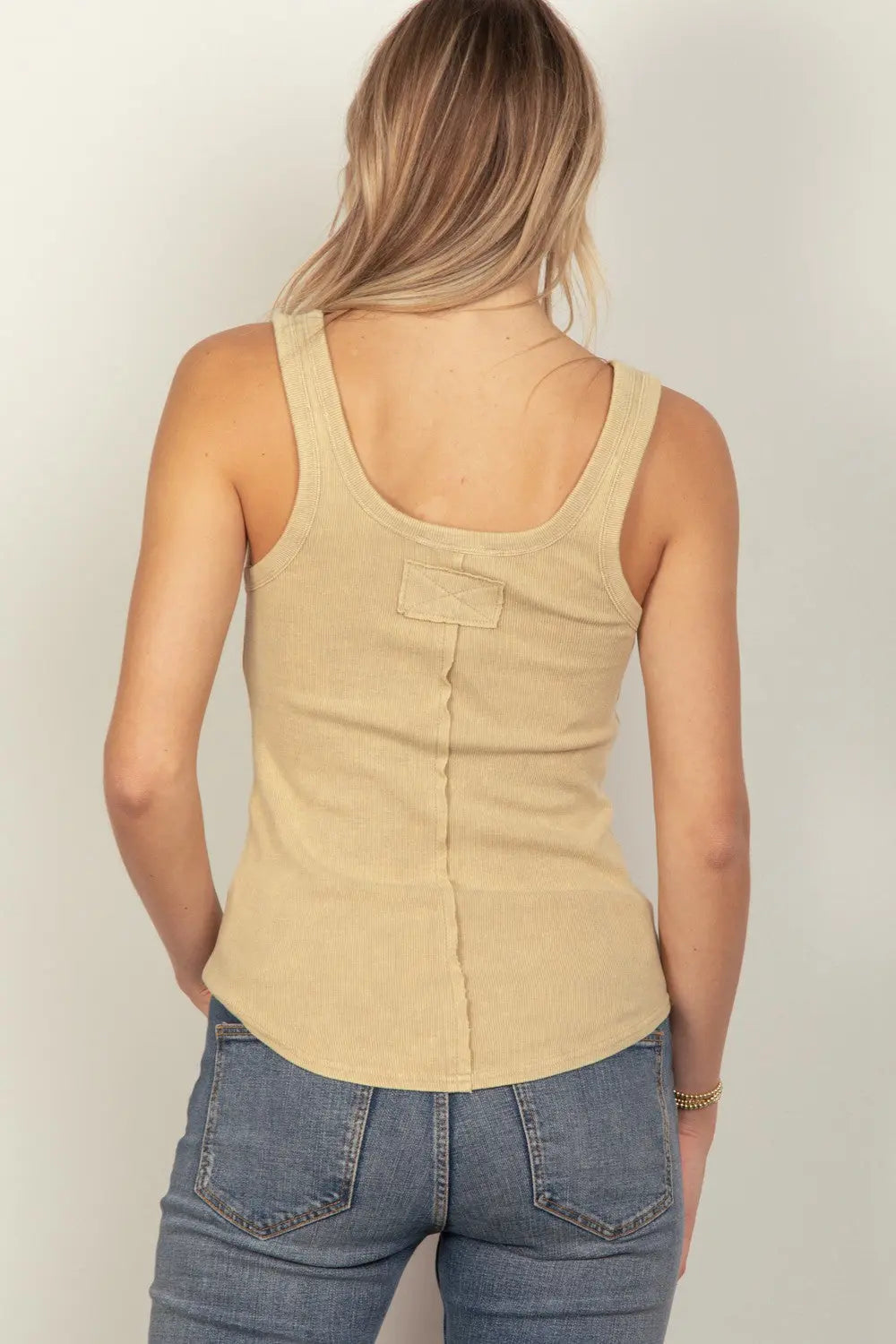 VERY J Washed Ribbed Tank with Placket Detail Trendsi