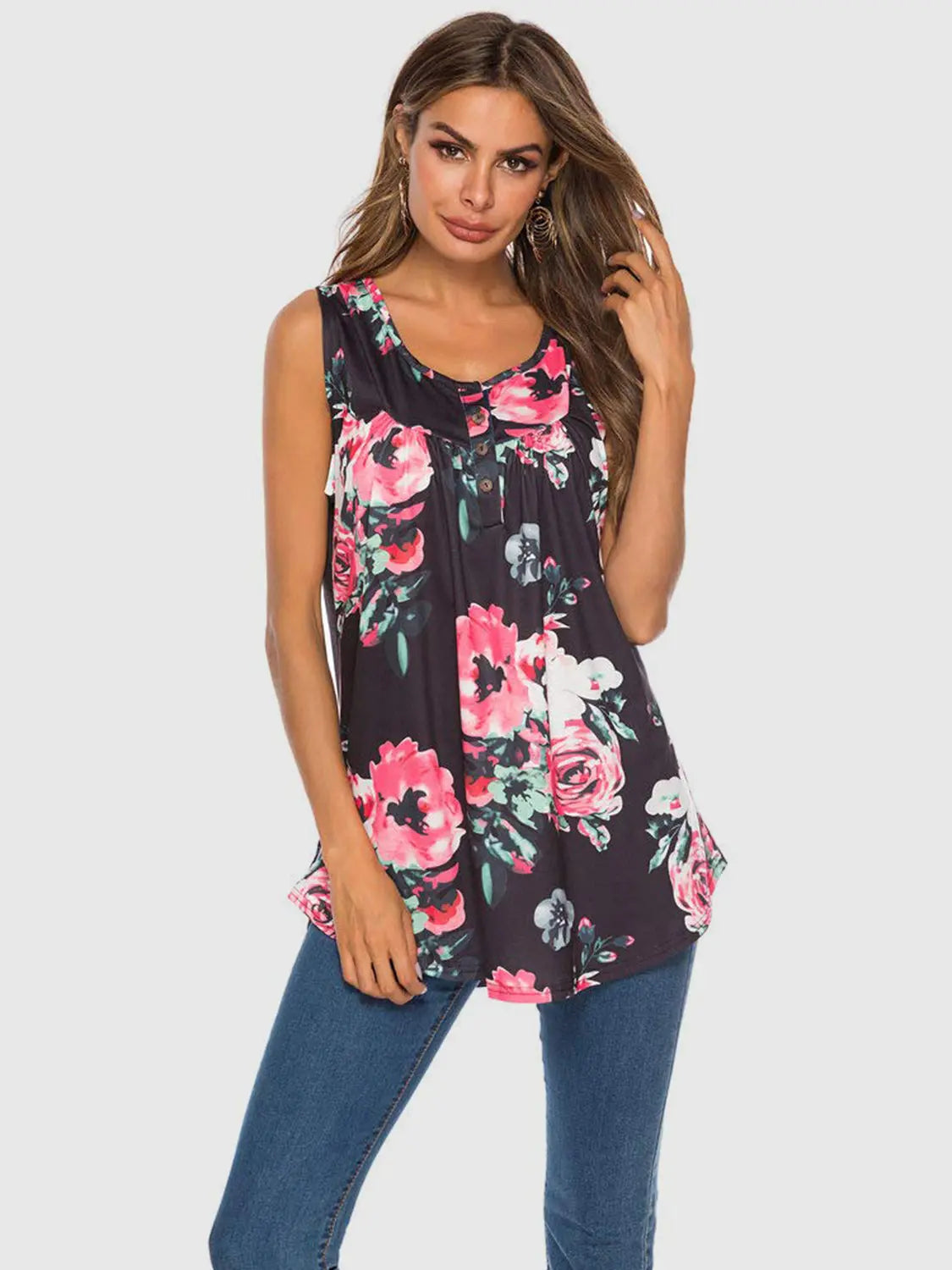 Flower Printed Round Neck Tank Trendsi