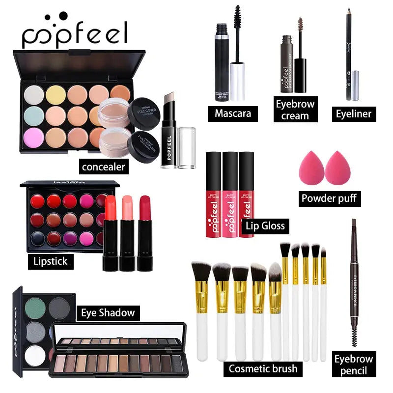 POPFEEL All In One Makeup Set (Eyeshadow, Ligloss, Lipstick, Brushes, Eyebrow, Concealer, Highlight) Cosmetic Bag Eye Shadow Kit Remy13
