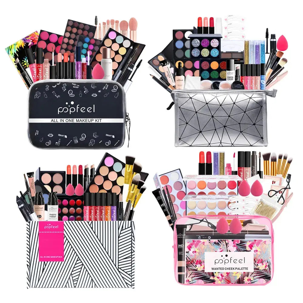 POPFEEL All In One Makeup Set (Eyeshadow, Ligloss, Lipstick, Brushes, Eyebrow, Concealer, Highlight) Cosmetic Bag Eye Shadow Kit Remy13
