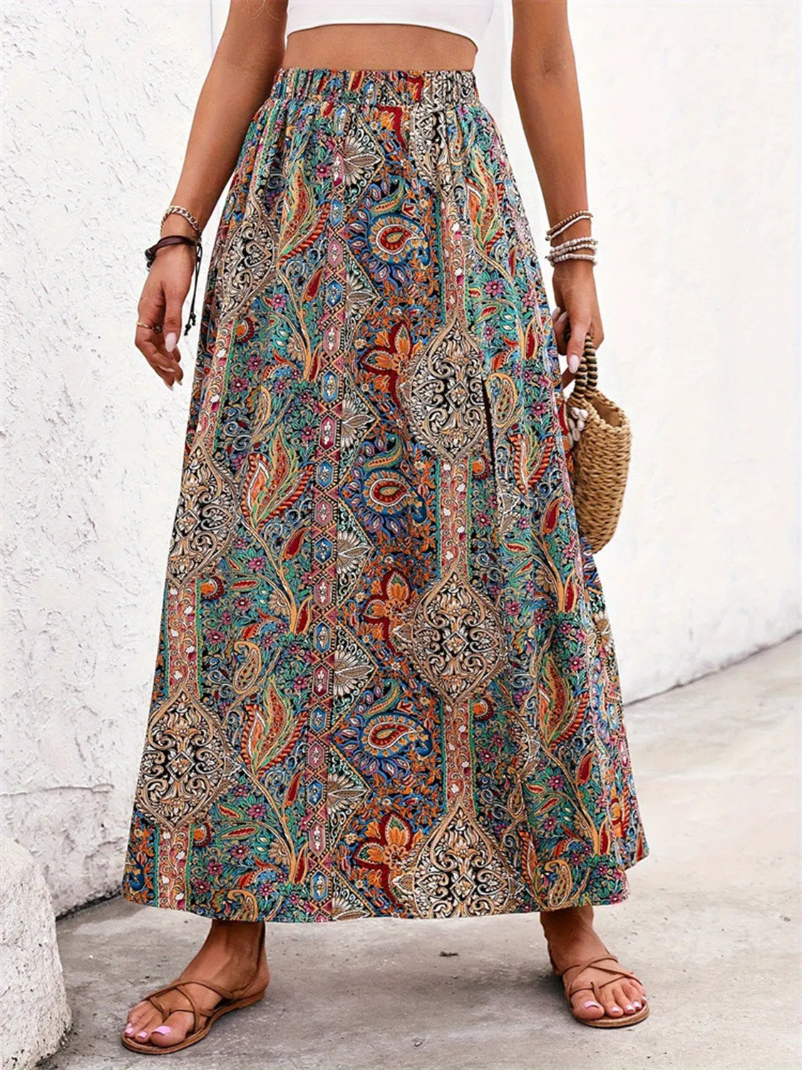 Slit Printed Elastic Waist Skirt Trendsi