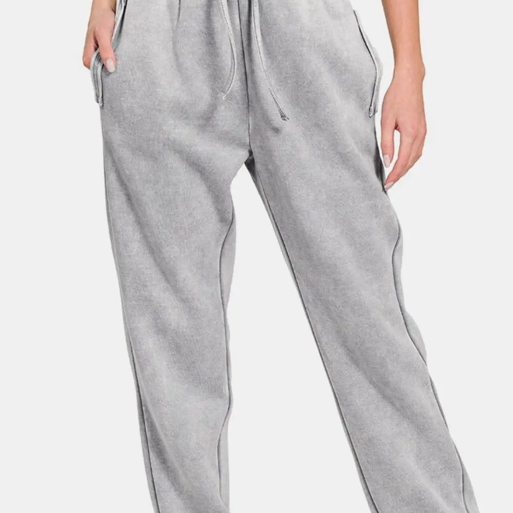 Zenana Full Size Acid Wash Fleece Drawstring Sweatpants with Pockets Trendsi