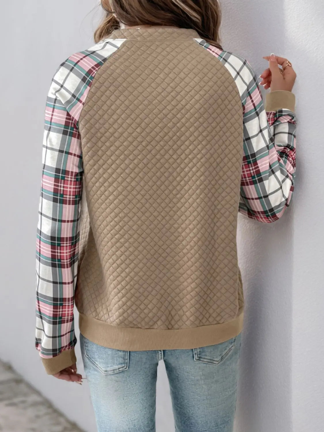 Perfee Plaid Half Zip Long Sleeve Texture Sweatshirt Trendsi